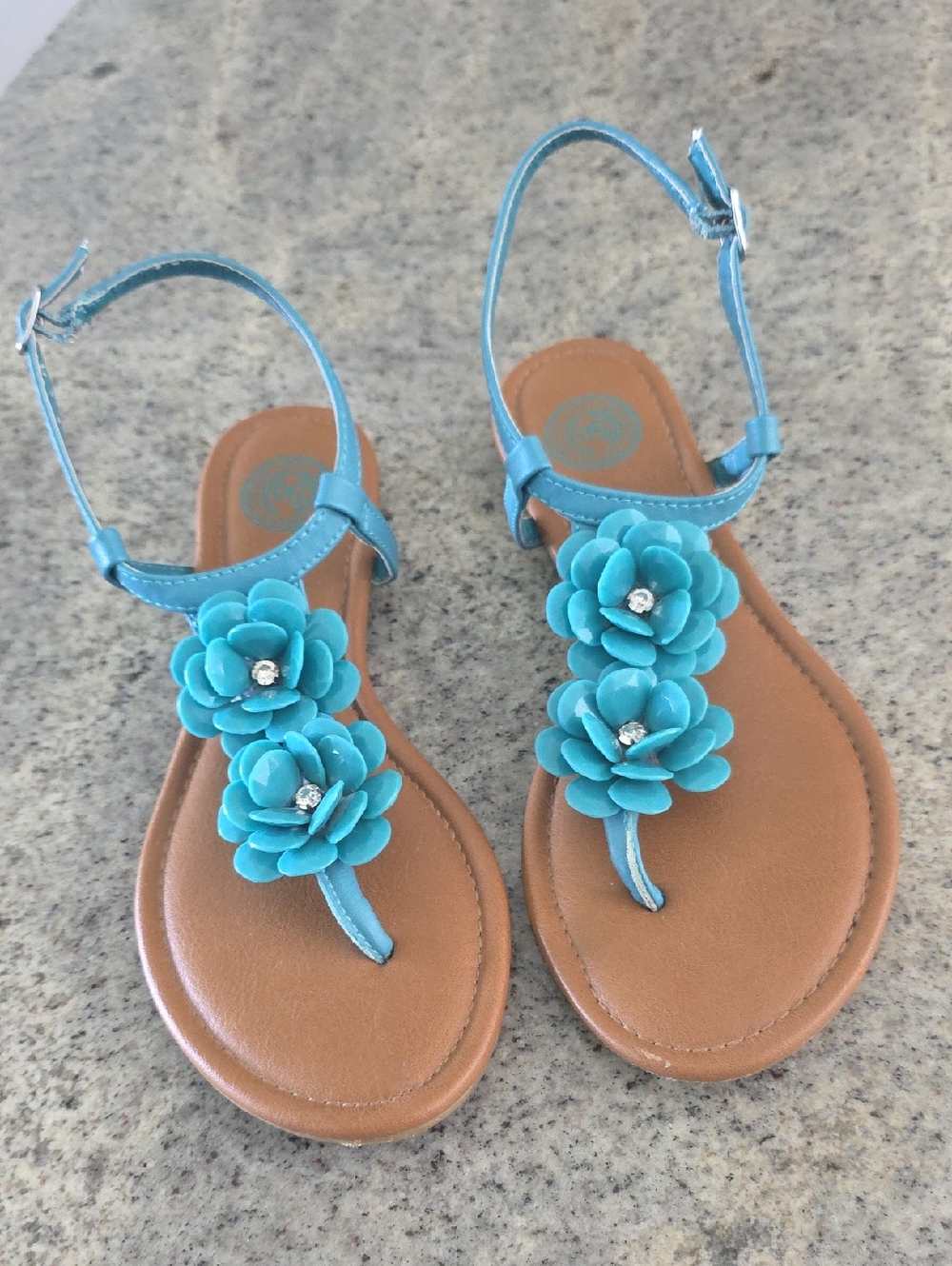 Turquoise Floral T-Strap Sandals